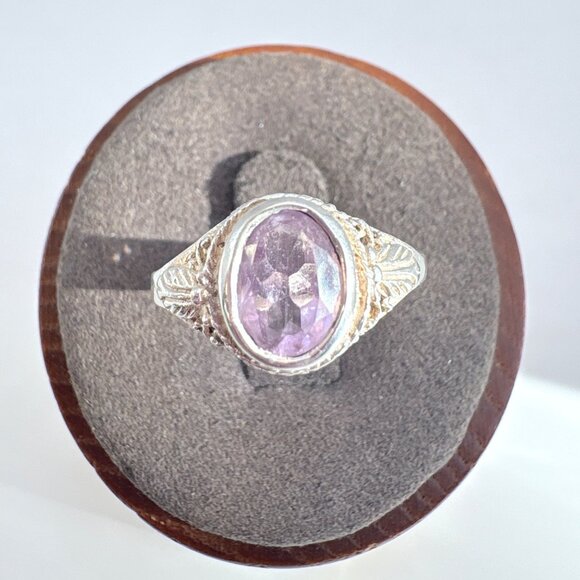 VTG Sterling Silver 925 Amethyst Leaf Design Border Statement Ring Size 7 - Picture 1 of 10